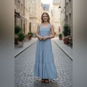 Black Bow Blue Tiered Adjustable Strap Maxi Dress